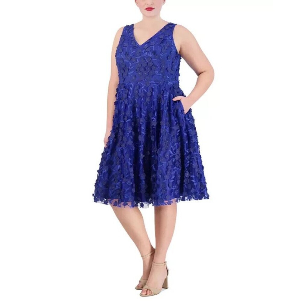 Eliza J Women's Plus Size 3D Floral V Neck Sleeveless Midi Dress Royal Blue 22W